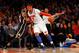 May 16, 2013; New York, NY, USA; New York Knicks small forward Carmelo Anthony (7) drives past Indiana Pacers small forward Paul George (24) during the fourth quarter of game five in the second round of the 2013 NBA Playoffs at Madison Square Garden. Knicks won 85-75. Mandatory Credit: Anthony Gruppuso-USA TODAY Sports