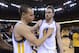 May 16, 2013; Oakland, CA, USA; Golden State Warriors point guard Stephen Curry (30, left) and power forward David Lee (10, right) react after game six of the second round of the 2013 NBA Playoffs against the San Antonio Spurs at Oracle Arena. The Spurs defeated the Warriors 94-82. Mandatory Credit: Kyle Terada-USA TODAY Sports