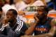 May 15, 2013; Oklahoma City, OK, USA; Oklahoma City Thunder point guard Reggie Jackson (15) and center Kendrick Perkins (5) watch the game against the Memphis Grizzlies from the bench during the second half of game five of the second round of the 2013 NBA Playoffs at Chesapeake Energy Arena. The Grizzlies defeated the Thunder 88-84. Mandatory Credit: Jerome Miron-USA TODAY Sports