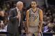 SAN ANTONIO, TX - MAY 14: Head coach Gregg Popovich talks with Manu Ginobili #20 of the San Antonio Spurs during Game Five of the Western Conference Semifinals of the 2013 NBA Playoffs at AT&T Center on May 14, 2013 in San Antonio, Texas. NOTE TO USER: User expressly acknowledges and agrees that, by downloading and or using this photograph, User is consenting to the terms and conditions of the Getty Images License Agreement. (Photo by Ronald Martinez/Getty Images)