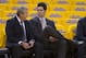 April 28, 2013; Oakland, CA, USA; Golden State Warriors director of scouting Larry Riley (left) and general manager Bob Myers (right) talk before game four of the first round of the 2013 NBA playoffs against the Denver Nuggets at Oracle Arena. Mandatory Credit: Kyle Terada-USA TODAY Sports