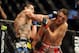 February 4, 2012; Las Vegas, NV, USA; UFC fighter Carlos Condit (left) fights against Nick Diaz (right) during UFC 143 at the Mandalay Bay Events Center. Carlos Codit defeated Nick Diaz. Mandatory Credit: Kelvin Kuo-USA TODAY Sports