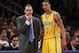 NEW YORK, NY - MAY 7: Head coach Frank Vogel talks to George Hill #3 of the Indiana Pacers against the New York Knicks during Game Two of the Eastern Conference Semifinals of the 2013 NBA Playoffs at Madison Square Garden on May 7, 2013 in New York City. NOTE TO USER: User expressly acknowledges and agrees that, by downloading and/or using this photograph, user is consenting to the terms and conditions of the Getty Images License Agreement. (Photo by Jeff Zelevansky/Getty Images)