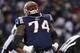 FOXBORO, MA - JANUARY 14: Kyle Love #74 of the New England Patriots celebrates after a sack against the Denver Broncos during their AFC Divisional Playoff Game at Gillette Stadium on January 14, 2012 in Foxboro, Massachusetts. (Photo by Elsa/Getty Images)