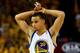OAKLAND, CA - MAY 16: Stephen Curry #30 of the Golden State Warriors reacts during the game against the San Antonio Spurs in Game Six of the Western Conference Semifinals during the 2013 NBA Playoffs on May 16, 2013 at the Oracle Arena in Oakland, California. The Spurs won 94-82 to take the series 4-2. . NOTE TO USER: User expressly acknowledges and agrees that, by downloading and or using this photograph, User is consenting to the terms and conditions of the Getty Images License Agreement. Mandatory Copyright Notice: Copyright 2013 NBAE (Photo by StephenDunn/Getty Images) (Photo by Stephen Dunn/Getty Images)