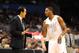 ORLANDO, FL - MARCH 25: Eric Spolestra head coach of the Miami Heat talks to Mario Chalmers #15 during a timeout against the Orlando Magic at Amway Center on March 25, 2013 in Orlando, Florida. NOTE TO USER: User expressly acknowledges and agrees that, by downloading and or using this photograph, User is consenting to the terms and conditions of the Getty Images License Agreement. (Photo by Gary Bogdon/Getty Images)