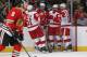 CHICAGO, IL - MAY 18: (L-R) Valtteri Filppula #51, Brendan Smith #2, Henrik Zetterberg #40 and Daniel Cleary #11 of the Detroit Red Wings celebrate a second period goal as Duncan Keith #2 of the Chicago Blackhawks skates past in Game Two of the Western Conference Semifinals during the 2013 NHL Stanley Cup Playoffs at the United Center on May 18, 2013 in Chicago, Illinois. (Photo by Jonathan Daniel/Getty Images)