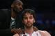 LOS ANGELES, CA - APRIL 28: Pau Gasol #16 of the Los Angeles Lakers is consoled by Kobe Bryant after coming out of the game in the second half against the San Antonio Spurs during Game Four of the Western Conference Quarterfinals of the 2013 NBA Playoffs at Staples Center on April 28, 2013 in Los Angeles, California. The Spurs defeated the Lakers 103-82. NOTE TO USER: User expressly acknowledges and agrees that, by downloading and or using this photograph, User is consenting to the terms and conditions of the Getty Images License Agreement. (Photo by Jeff Gross/Getty Images)