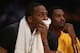 LOS ANGELES, CA - APRIL 26: Dwight Howard (L) #12 and Devin Ebanks #3 of the Los Angeles Lakers look on from the bench in the second half against the San Antonio Spurs during Game Three of the Western Conference Quarterfinals of the 2013 NBA Playoffs at Staples Center on April 26, 2013 in Los Angeles, California. The Spurs defeated the Lakers 120-89. (Photo by Jeff Gross/Getty Images)