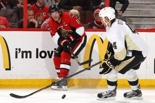 Greening's Goal in 2 OT Leads Sens by Pens