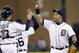 DETROIT, MI - MAY 13: Miguel Cabrera #24 of the Detroit Tigers celebrates a 7-2 win over the Houston Astros with catcher Alex Avila #13 at Comerica Park on May 13, 2013 in Detroit, Michigan. (Photo by Duane Burleson/Getty Images)