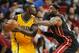 Mar 10, 2013; Miami, FL, USA; Miami Heat small forward LeBron James (6) pressures Indiana Pacers shooting guard Lance Stephenson (1) during the first half at American Airlines Arena. Mandatory Credit: Steve Mitchell-USA TODAY Sports
