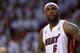 MIAMI, FL - MAY 15: LeBron James #6 of the Miami Heat looks on during Game Five of the Eastern Conference Semifinals of the 2013 NBA Playoffs against the Chicago Bulls at American Airlines Arena on May 15, 2013 in Miami, Florida. NOTE TO USER: User expressly acknowledges and agrees that, by downloading and or using this photograph, User is consenting to the terms and conditions of the Getty Images License Agreement. (Photo by Mike Ehrmann/Getty Images)