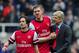 NEWCASTLE UPON TYNE, ENGLAND - MAY 19: Manager Arsene Wenger of Arsenal celebrates at the final whistle with Tomas Rosicky (L) and Per Mertesacker (C) during the Barclays Premier League match between Newcastle United and Arsenal at St James' Park on May 19, 2013 in Newcastle upon Tyne, England. (Photo by Stu Forster/Getty Images)