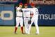 May 19, 2013; Arlington, TX, USA; Texas Rangers outfielders David Murphy (7) , Leonys Martin(2) and Nelson Cruz (17) celebrate beating the Detroit Tigers at Rangers Ballpark in Arlington. The Rangers beat the Tigers 11-8. Mandatory Credit: Tim Heitman-USA TODAY Sport