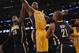 LOS ANGELES, CA - NOVEMBER 27: Dwight Howard #12 of the Los Angeles Lakers grabs a rebound from Ian Mahinmi #28 and David West #21 of the Indiana Pacers during a 79-77 Pacer win at Staples Center on November 27, 2012 in Los Angeles, California. NOTE TO USER: User expressly acknowledges and agrees that, by downloading and or using this photograph, User is consenting to the terms and conditions of the Getty Images License Agreement. (Photo by Harry How/Getty Images)