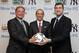 May 21, 2013; New York, NY, USA; New York Yankees president Randy Levine (left) , Major League Soccer commissioner Don Garber (middle) and Manchester City FC chief executive officer Ferran Soriano pose for a photo after announcing the formation of the New York City Football Club as the 20th team in Major League Soccer. The team will begin play in the 2015 season. Mandatory Credit: MLS via USA TODAY Sports