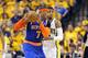 INDIANAPOLIS, IN - MAY 18: Carmelo Anthony #7 of the New York Knicks shoots the ball againsts defended by Paul George #24 of the Indiana Pacers during Game Six of the Eastern Conference Semifinals of the 2013 NBA Playoffs at Bankers Life Fieldhouse on May 18, 2013 in Indianapolis, Indiana. NOTE TO USER: User expressly acknowledges and agrees that, by downloading and or using this photograph, User is consenting to the terms and conditions of the Getty Images License Agreement. (Photo by Andy Lyons/Getty Images)