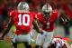 Oct 6, 2012; Columbus, OH, USA; Ohio State Buckeyes defensive back Bradley Roby (1) intercepts a pass in the second quarter against the Nebraska Cornhuskers at Ohio Stadium. Mandatory Credit: Andrew Weber-USA TODAY Sports