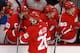 DETROIT, MI - MAY 20: Drew Miller #20 of the Detroit Red Wings celebrates his second period goal with the bench while playing the Chicago Blackhawks in Game Three of the Western Conference Semifinals during the 2013 NHL Stanley Cup Playoffs at Joe Louis Arena on May 20, 2013 in Detroit, Michigan. (Photo by Gregory Shamus/Getty Images)