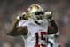 Jan 20, 2013; Atlanta, GA, USA; San Francisco 49ers wide receiver Michael Crabtree (15) reacts after a play against the Atlanta Falcons during the fourth quarter in the NFC Championship game at the Georgia Dome. Mandatory Credit: Daniel Shirey-USA TODAY Sports