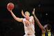 Apr 2, 2013; New York, NY, USA; Maryland Terrapins center Alex Len (25) goes up for a layup over Iowa Hawkeyes center Gabriel Olaseni (0) during the first half of the NIT Tournament semifinal at Madison Square Garden. Mandatory Credit: Joe Camporeale-USA TODAY Sports