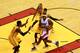 MIAMI, FL - MAY 22: LeBron James #6 of the Miami Heat looks to pass against Roy Hibbert #55 and Paul George #24 of the Indiana Pacers in the first half during Game One of the Eastern Conference Finals at AmericanAirlines Arena on May 22, 2013 in Miami, Florida. NOTE TO USER: User expressly acknowledges and agrees that, by downloading and or using this photograph, user is consenting to the terms and conditions of the Getty Images License Agreement. (Photo by Chris Trotman/Getty Images)