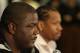 AUBURN HILLS, MI - NOVEMBER 04: President of Basketball Operations Joe Dumars of the Detroit Pistons introduces Allen Iverson #1 at press conference after being traded from the Denver Nuggets on November 4, 2008 at the Palace of Auburn Hills in Auburn Hills, Michigan. NOTE TO USER: User expressly acknowledges and agrees that, by downloading and or using this photograph, User is consenting to the terms and conditions of the Getty Images License Agreement. (Photo by Gregory Shamus/Getty Images)