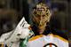 NEW YORK, NY - MAY 23: Tuukka Rask #40 of the Boston Bruins winces as he squirts water on his face against the New York Rangers in Game Four of the Eastern Conference Semifinals during the 2013 NHL Stanley Cup Playoffs at Madison Square Garden on May 23, 2013 in New York City. (Photo by Bruce Bennett/Getty Images)