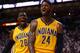 MIAMI, FL - MAY 24: Paul George #24 of the Indiana Pacers celebrates with Ian Mahinmi #28 after a dunk in the second half against the Miami Heat during Game Two of the Eastern Conference Finals at AmericanAirlines Arena on May 24, 2013 in Miami, Florida. NOTE TO USER: User expressly acknowledges and agrees that, by downloading and or using this photograph, user is consenting to the terms and conditions of the Getty Images License Agreement. (Photo by Mike Ehrmann/Getty Images)