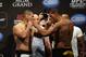 May 24, 2013; Las Vegas, NV, USA; UFC heavyweight Cain Velasquez (right) and Antonio Silva square off during the weight-in for UFC 160 at the MGM Grand Garden Arena. Mandatory Credit: Bruce Fedyck-USA TODAY Sports