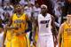 MIAMI, FL - MAY 24: LeBron James #6 of the Miami Heat talks to Paul George #24 of the Indiana Pacers after making a three point basket to end the third quarter during Game Two of the Eastern Conference Finals at AmericanAirlines Arena on May 24, 2013 in Miami, Florida. NOTE TO USER: User expressly acknowledges and agrees that, by downloading and or using this photograph, user is consenting to the terms and conditions of the Getty Images License Agreement. (Photo by Mike Ehrmann/Getty Images)