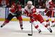 CHICAGO, IL - MAY 25: Gustav Nyquist #14 of the Detroit Red Wings moves past Jonathan Toews #19 of the Chicago Blackhawks in Game Five of the Western Conference Semifinals during the 2013 NHL Stanley Cup Playoffs at the United Center on May 25, 2013 in Chicago, Illinois. (Photo by Jonathan Daniel/Getty Images)