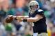Apr. 21, 2012; South Bend, IN, USA; Notre Dame Fighting Irish quarterback Gunner Kiel (5) throws in the fourth quarter of the spring game at Notre Dame Stadium. Kiel wore the number five jersey in honor of his uncle and former quarterback Blair Kiel who died on April 8, 2012. Mandatory Credit: Matt Cashore-USA TODAY Sports