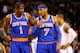 BOSTON, MA - JANUARY 24: Amar'e Stoudemire #1 and Carmelo Anthony #7 of the New York Knicks talk during a timeout against the Boston Celtics during the game on January 24, 2013 at TD Garden in Boston, Massachusetts. NOTE TO USER: User expressly acknowledges and agrees that, by downloading and or using this photograph, User is consenting to the terms and conditions of the Getty Images License Agreement. (Photo by Jared Wickerham/Getty Images)