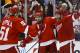 May 23, 2013; Detroit, MI, USA; Detroit Red Wings right wing Daniel Cleary (11) receives congratulations from center Henrik Zetterberg (40) and center Valtteri Filppula (51) after scoring in the third period against the Chicago Blackhawks in game four of the second round for the 2013 Stanley Cup Playoffs at Joe Louis Arena. Detroit won 2-0. Mandatory Credit: Rick Osentoski-USA TODAY Sports