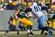 Dec 23, 2012; Green Bay, WI, USA; Green Bay Packers guard Don Barclay (67) blocks during the game against the Tennessee Titans at Lambeau Field. The Packers won 55-7. Mandatory Credit: Jeff Hanisch-USA TODAY Sports