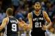 MEMPHIS, TN - MAY 27: Tim Duncan #21 and Tony Parker #9 of the San Antonio Spurs celebrate a basket by Duncan in the fourth quarter against the Memphis Grizzlies during Game Four of the Western Conference Finals of the 2013 NBA Playoffs at the FedExForum on May 27, 2013 in Memphis, Tennessee. NOTE TO USER: User expressly acknowledges and agrees that, by downloading and or using this photograph, User is consenting to the terms and conditions of the Getty Images License Agreement. (Photo by Kevin C. Cox/Getty Images)