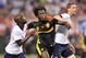 May 29, 2013; Cleveland, OH, USA; Belgium forward Romelu Lukaku (center) runs for position against USA defender DaMarcus Beasley (left) and defender Clarence Goodson in the first half at FirstEnergy Stadium. Mandatory Credit: David Richard-USA TODAY Sports