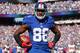 Sep 16, 2012; East Rutherford, NJ, USA; New York Giants wide receiver Hakeem Nicks (88) poses for cameras after scoring a second quarter touchdown against the Tampa Bay Buccaneers at MetLife Stadium. Mandatory Credit: Jim O'Connor-USA TODAY Sports