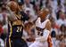 May 30, 2013; Miami, FL, USA; Miami Heat shooting guard Ray Allen (34) defends against Indiana Pacers small forward Paul George (24) during the second half in game five of the Eastern Conference finals of the 2013 NBA Playoffs at American Airlines Arena. Mandatory Credit: Steve Mitchell-USA TODAY Sports