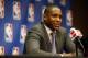 May 9, 2013; Denver, CO, USA; Denver Nuggets general manager Masai Ujiri during the press conference naming him NBA executive of the year at the Pepsi Center. Mandatory Credit: Chris Humphreys-USA TODAY Sports
