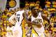 INDIANAPOLIS, IN - JUNE 01: Roy Hibbert #55 of the Indiana Pacers celebrates with teammate Paul George #24 after scoring against the Miami Heat in Game Six of the Eastern Conference Finals during the 2013 NBA Playoffs at Bankers Life Fieldhouse on June 1, 2013 in Indianapolis, Indiana. NOTE TO USER: User expressly acknowledges and agrees that, by downloading and or using this photograph, user is consenting to the terms and conditions of the Getty Images License Agreement. (Photo by Ronald Martinez/Getty Images)