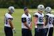May 21, 2013; Irving, TX, USA; Dallas Cowboys quarterback Tony Romo (9) laughs with receivers Miles Austin 19) and Dez Bryant (88) and tight end Jason Witten (82) during organized team activities at Dallas Cowboys Headquarters. Mandatory Credit: Matthew Emmons-USA TODAY Sports