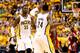 INDIANAPOLIS, IN - JUNE 01: Roy Hibbert #55 of the Indiana Pacers celebrates with teammate Paul George #24 after scoring against the Miami Heat in Game Six of the Eastern Conference Finals during the 2013 NBA Playoffs at Bankers Life Fieldhouse on June 1, 2013 in Indianapolis, Indiana. NOTE TO USER: User expressly acknowledges and agrees that, by downloading and or using this photograph, user is consenting to the terms and conditions of the Getty Images License Agreement. (Photo by Ronald Martinez/Getty Images)