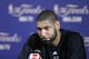Jun 5, 2013; Miami, FL, USA; San Antonio Spurs power forward Tim Duncan addresses the media before practice for game one of the 2013 NBA Finals against the Miami Heat at American Airlines Arena. Mandatory Credit: Derick E. Hingle-USA TODAY Sports