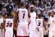 MIAMI, FL - JUNE 06: LeBron James #6 and Chris Bosh #1 of the Miami Heat celebrate in the second half during a timeout against the San Antonio Spurs during Game One of the 2013 NBA Finals at AmericanAirlines Arena on June 6, 2013 in Miami, Florida. NOTE TO USER: User expressly acknowledges and agrees that, by downloading and or using this photograph, User is consenting to the terms and conditions of the Getty Images License Agreement. (Photo by Mike Ehrmann/Getty Images)