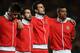 LISBON, PORTUGAL - NOVEMBER 15: (L-R) Miguel Veloso, Joao Moutinho, Helder Postiga and Nani of Portugal stand on the pitch as they sing along with their national anthem prior to the start of the Portugal and Bosnia, EURO 2012 qualifier, play off second leg match at the Estadio da Luz on November 15, 2011 in Lisbon, Portugal. (Photo by Jasper Juinen/Getty Images)