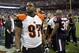 Jan 5, 2013; Houston, TX, USA; Cincinnati Bengals defensive tackle Geno Atkins (97) walks off the field after a game against the Houston Texans of the AFC Wild Card playoff game at Reliant Stadium. The Texans defeated the Bengals 19-13. Mandatory Credit: Brett Davis-USA TODAY Sports