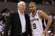 SAN ANTONIO, TX - APRIL 29: (L-R) Gregg Popovich and Tony Parker #9 of the San Antonio Spurs talk during play against the Utah Jazz in Game One of the Western Conference Quarterfinals in the 2012 NBA Playoffs at AT&T Center on April 29, 2012 in San Antonio, Texas. NOTE TO USER: User expressly acknowledges and agrees that, by downloading and or using this photograph, User is consenting to the terms and conditions of the Getty Images License Agreement. (Photo by Ronald Martinez/Getty Images)